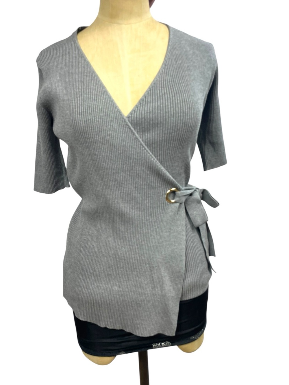 Select + Trend Gray Ribbed Wrap Top with Ring Detail Career Casual Business